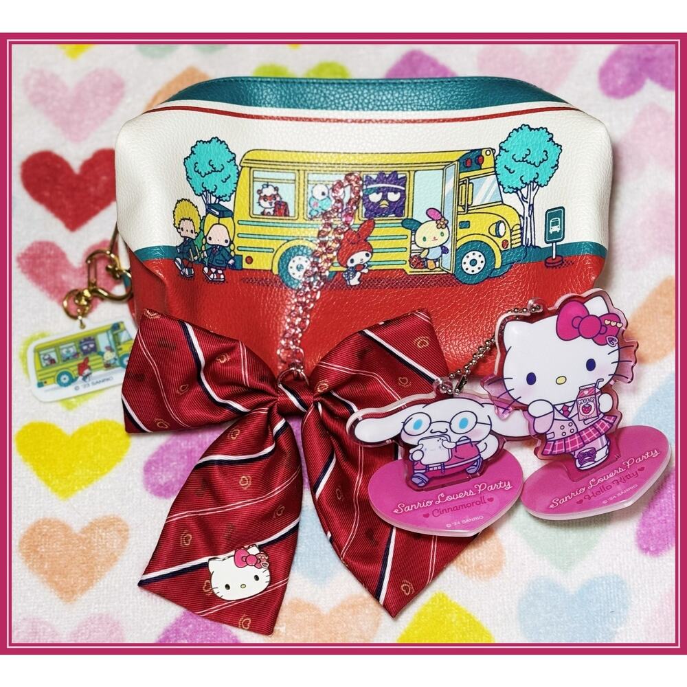 Sanrio Hello Kitty School Pen Case Pouch Lovers Party Ribbon Charm Keychain Lot